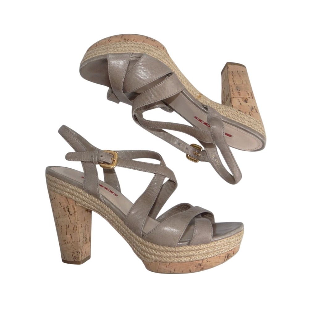 Prada‎ Taupe Leather Cork Platform Espadrille Sandals 3XP063 38.5